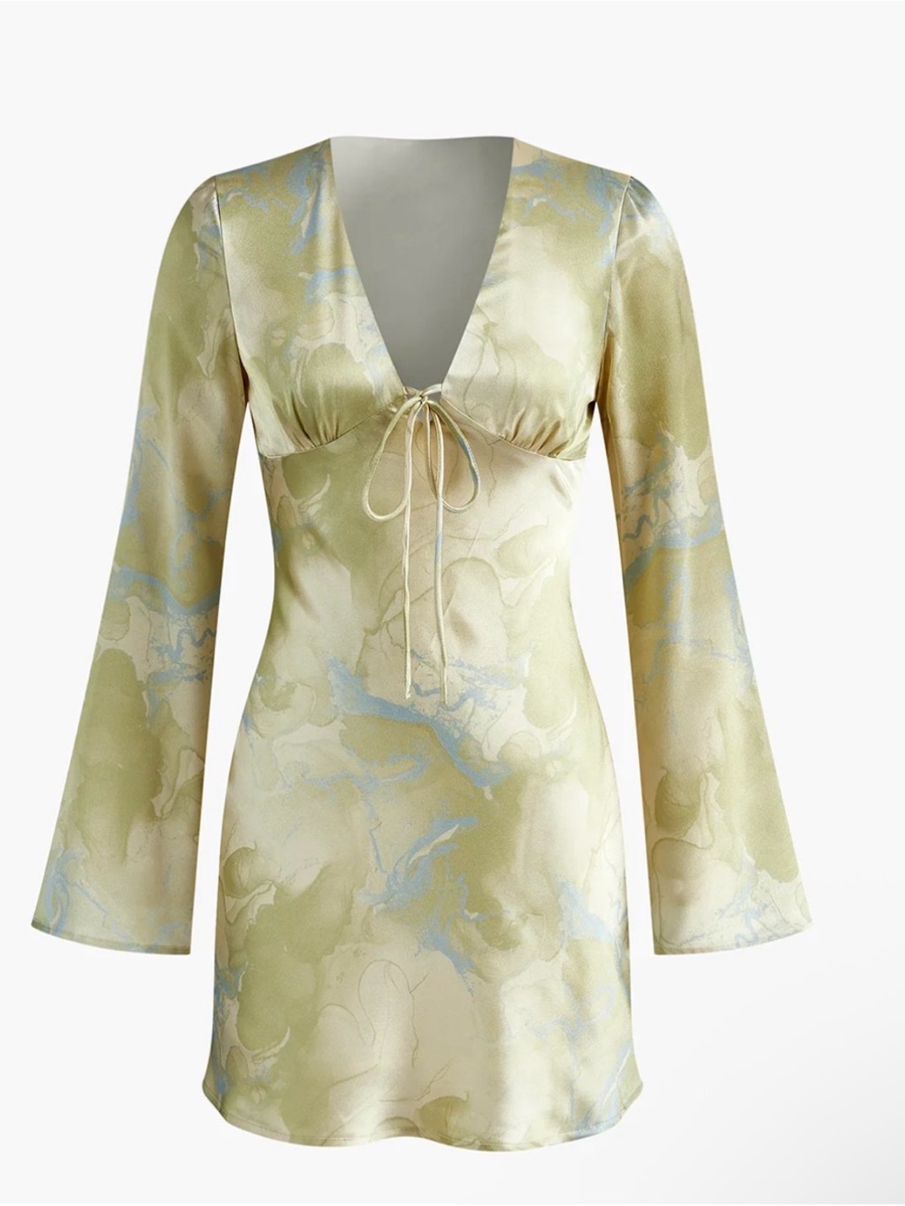 Commense Sage Marble-Print Satin Mini Dress with Tie Front